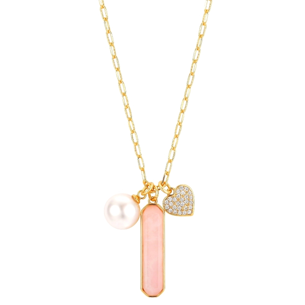 Genuine Rose Quartz Stone, Imitation pearl and Crystal Heart Necklace